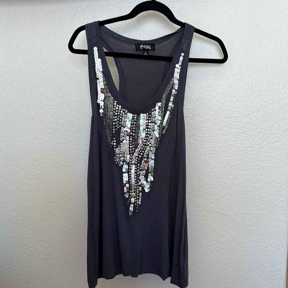 Hale Bob Black Sequined Tank Top Y2K boho